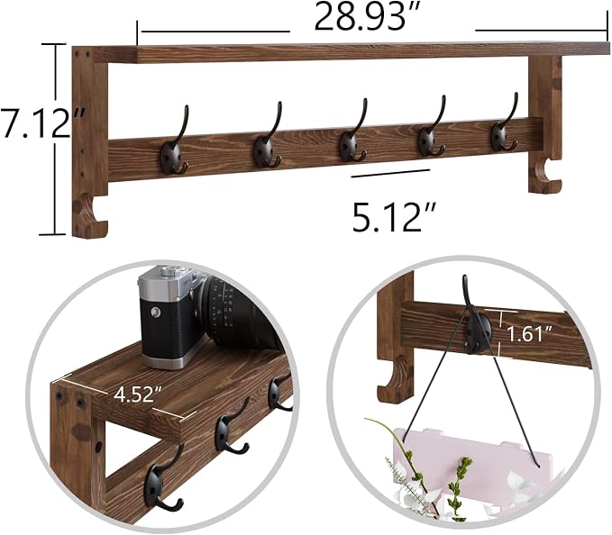 AMBIRD Coat Rack Wall Mount with Shelf, 28.9 Inches Coat Hooks Wall Mounted with 5 Hooks, Wall Hat Hooks for Hanging in Entryway, Living Room, Bathroom, Bedroom (Brown)