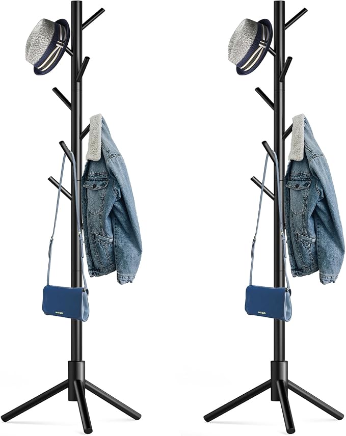 Hupmad Wooden Tree Coat Rack Stand,Sturdy Freestanding Coat Rack with 8 Hooks,3 Adjustable Height for Child Adult,Wood Coat Stand Tree Fits Entryway Bedroom Office for Bags,Hats, 2 Pack