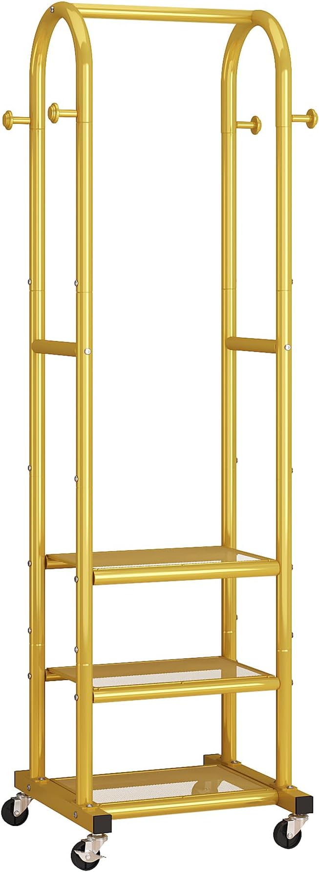 Dttwacoyh Clothing Rack with Wheels,Narrow Metal Garment Rack,Gold | Easy to install, 71.8 Inches Display Rack with 4 Side Hooks & 3 Shelves,for Small Flats, Bedroom, Entryway,Gold Clothes Rack