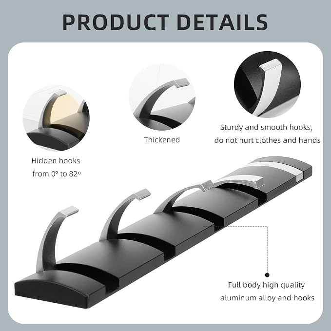 Foldable Stylish Modern Hook Rack with 5 Hooks, Coat Hooks Wall Mount, Metal Coat Hook Rail for Coat Hat Towel Purse Robes Mudroom Bathroom Entryway (Black and Silver)