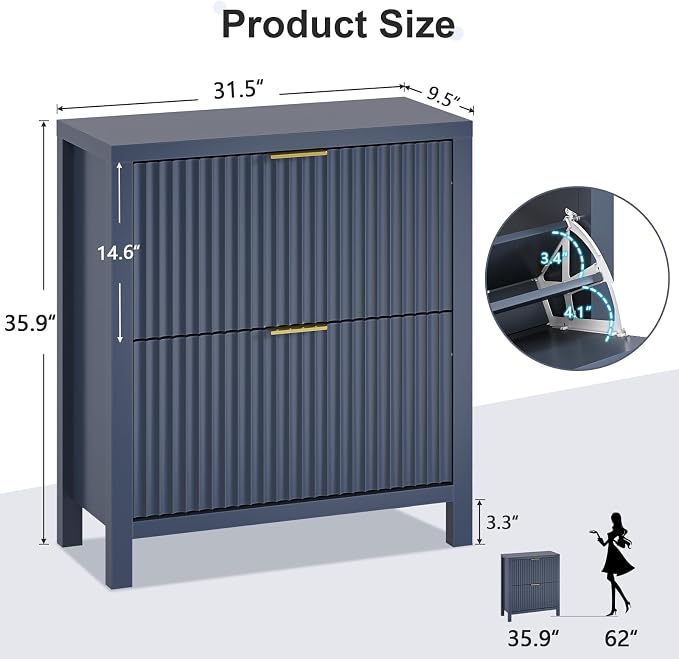 Fluted Shoe Cabinet Storage with 2 Flip Drawers for Entryway, Hallway | Narrow Shoe Rack Freestanding Shoe Organizer with Legs for Entryway，Hallway, Blue