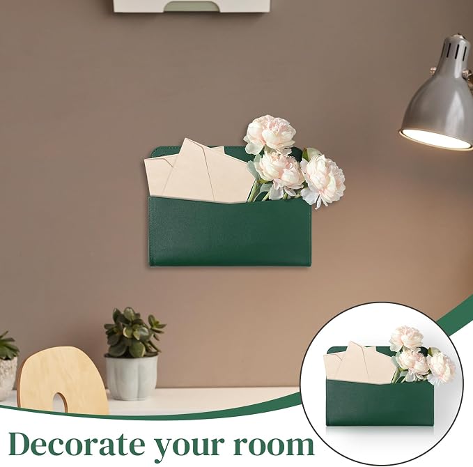 3 PCS Wall Mount PU Leather Mail Holder Green Faux Leather Letter Holder Stylish Wall Hanging Mail Storage 2 Ring Wall Mail Organizer for Flowers Envelope Key Notebooks Home Office Decor