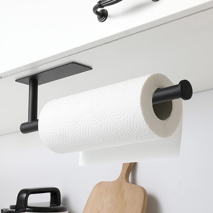 theaoo Under Cabinet Paper Towel Holder for Kitchen, Adhesive, Black | Wall Mounted Paper Towel Roll Rack for Bathroom or Kitchen, SUS304 Stainless Steel, Self-Adhesive or Screw Installation