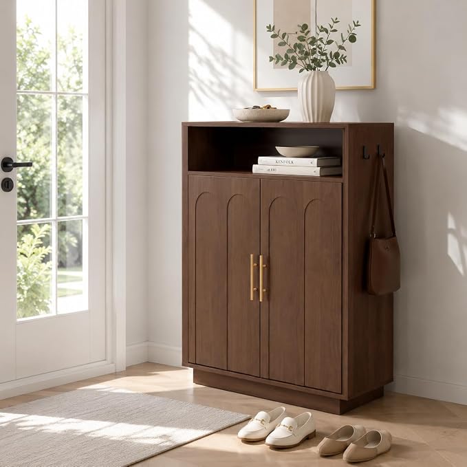 Shoe Cabinet with Arched Doors, 43" Hidden Shoe Storage, Walnut | Tall Large, Adjustable Shelves, 5-Tier Mid Century Modern Shoe Rack Organizer, for Entryway Hallway Living Room