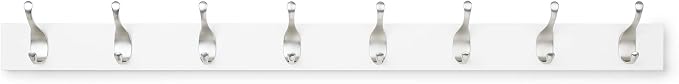 Amazon Basics Wall Mounted Modern Coat Rack for Entryway and Bedroom with Versatile Storage Hooks, Rectangular, 8-Hook, White | Rectangular