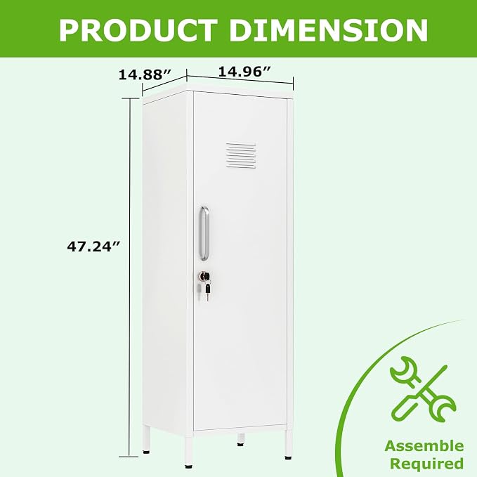 PAOFIN 47" Metal Storage Locker, Lockable Employees Metal Locker with Door and Adjustable Shelves, Steel Locker for Home, School, Office, Gym (White)