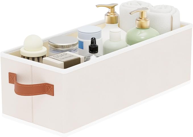 Storage Bin with Double Handles,Beige Basket,15x6x5 In,1-Pack | Collapsible Storage Baskets,Foldable Bathroom Boxes,Damp-Proof PP Panel Clothes Organizer for Shelves Laundry