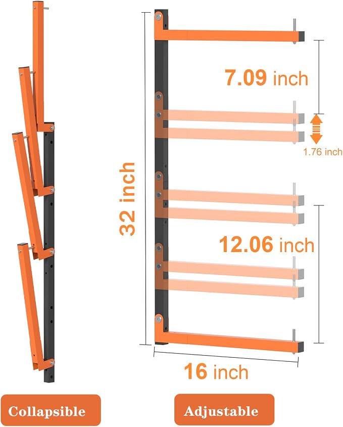 Lumber Storage Rack,Upgrade Folding Lumber Rack Wall Mount, Heavy Duty Metal 8 Level 32 Inch Wood Storage Rack for Garage Storage Organization