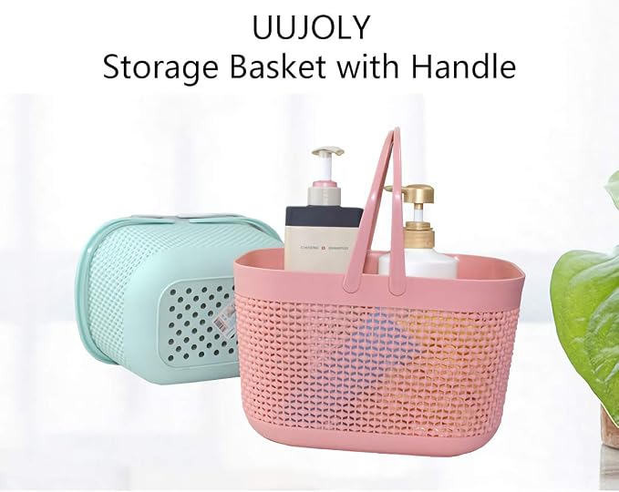 Plastic Portable Shower Caddy Basket, Storage Organizer with Handle, Pink | Bottom Drain Holes, Keep Dry, Sturdy and Durable, Easy to Carry for Bathroom, Kitchen, Dorm Room, RV, College