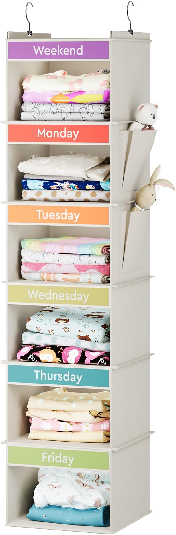 YOUDENOVA Weekly Clothes Organizer for Kids, Hanging Closet Organizer | Days of the Week Clothes Organizer, Reinforced Bamboo Slats, Kids' School Outfit Planning, Breathable Fabric, 2 Side Pockets