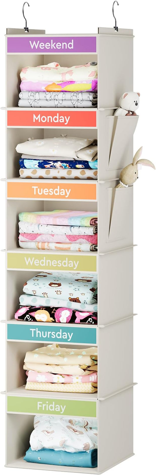 YOUDENOVA Weekly Clothes Organizer for Kids, Hanging Closet Organizer | Days of the Week Clothes Organizer, Reinforced Bamboo Slats, Kids' School Outfit Planning, Breathable Fabric, 2 Side Pockets