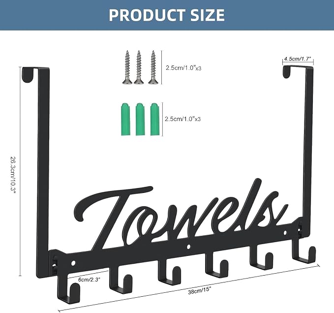 Azmoncy Over The Door Hooks - Heavy Duty Towel Rack with 6 Hooks for Bedroom, Bathroom, Kitchen - Holds Towels, Bags, Coats, Hats - Black