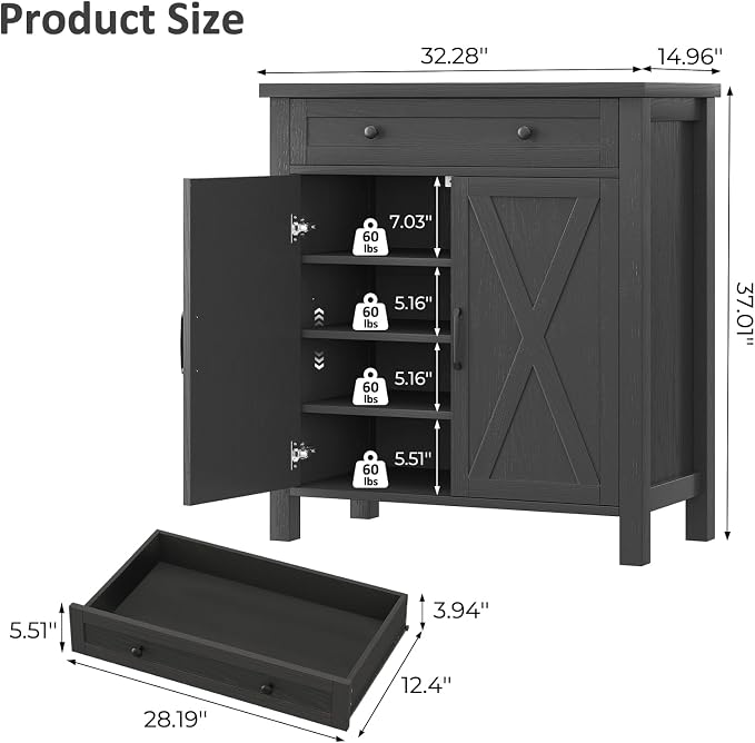 Farmhouse Shoe Storage Cabinet, 5-Tier High Boots Organizer with Adjustable Shelves, Large Drawer & Barn Doors, Entryway Shoe Rack for Hallway Living Room, Black