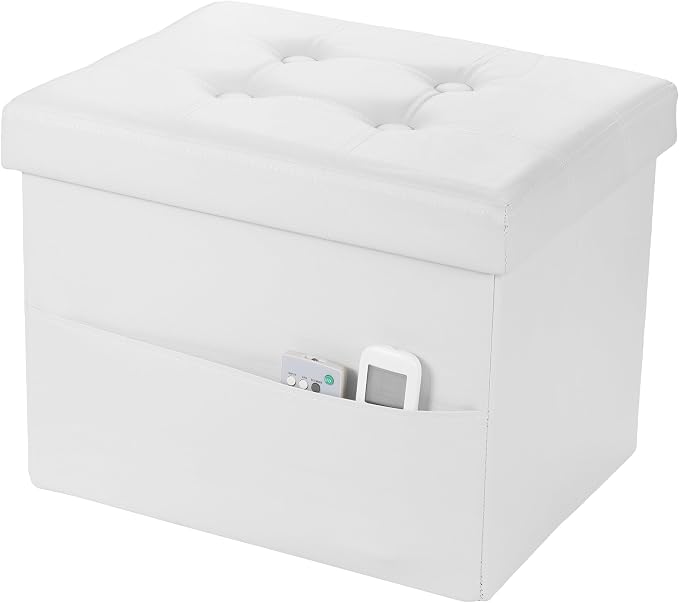 Bsketa Storage Ottoman Bench,16 Inch Folding Leather Foot Rest Stool, White | Small Ottoman with Side Pockets, Thicker Foam Padded Seat, Livingroom, Dorm, Bedroom, Easy to install, 38L, 16x12x12in