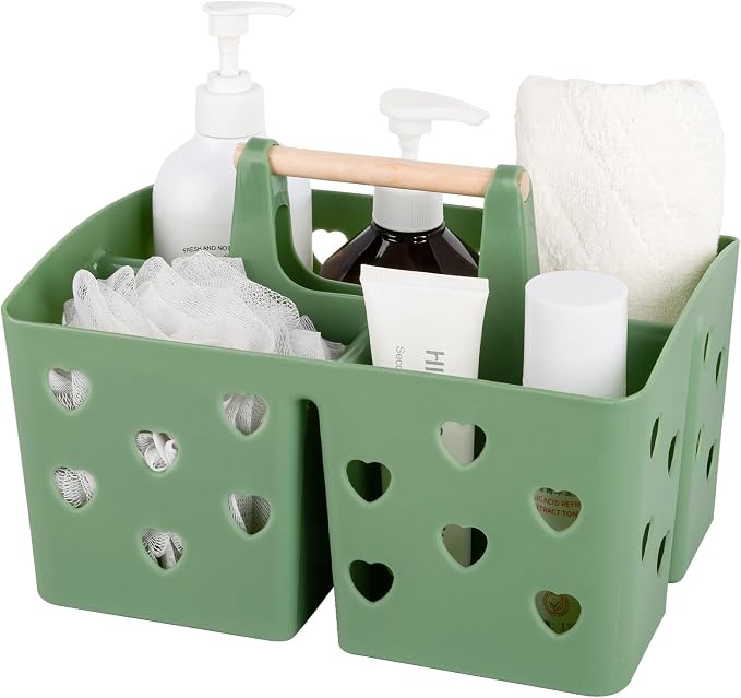 Portable Shower Caddy Plastic Shower Basket Organizer with Handle, Green | Divided Bathroom Caddy Storage Cleanning Caddy Tote for College, Dorm Room, Kitchen