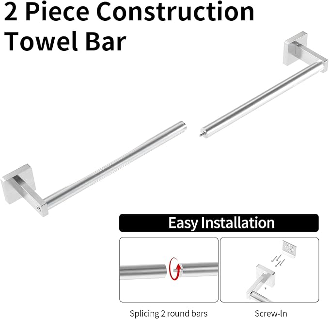 MKO Towel Bar for Bathroom, 24" Wall Mounted Towel Rack, Brushed Nickel | Hand Towel Holder Rod with Heavy-Duty Stainless Steel for Bathroom Kitchen Hanger, 2 Pack Value