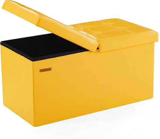 HAUSFRAU Ottoman with Storage Bench Folding Foot Rest Stool Yellow | 30", Flip Lid, Faux Leather, Upholstered Foldable Footrest Footstool, Bedroom Bench, Living Room Dorm Ottoman, Rectangle