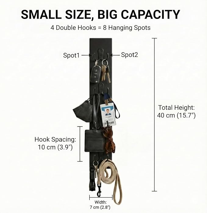 Vertical Key Holder for Wall & Dog Leash Holder – Solid Wood Wall Mount Key Rack with 8 Hooks – Small Space Saving Entryway Organizer for Keys, Lanyards, Masks (Adhesive or Screws) (Black)