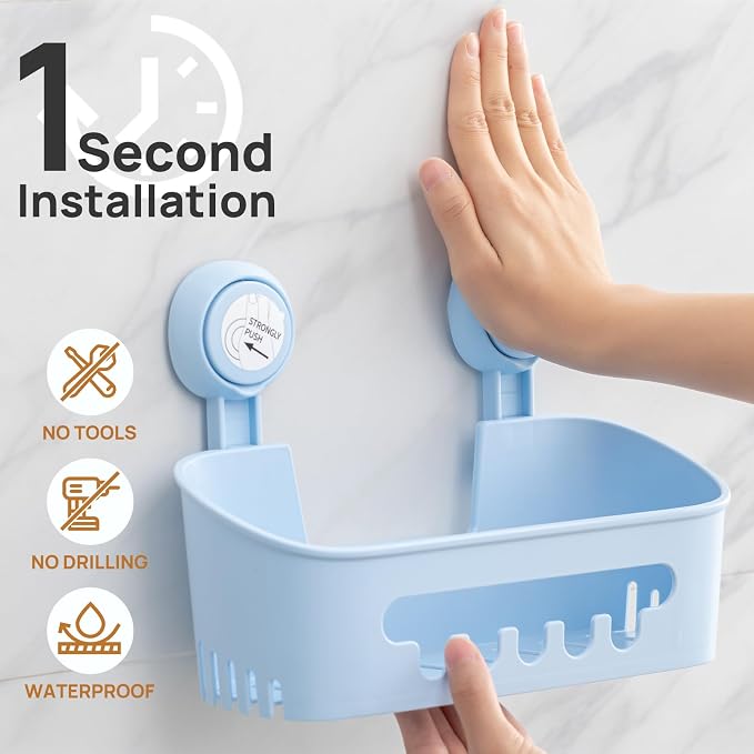 LEVERLOC Shower Caddy Suction Cup Set Shower Organizer & Soap Holder, Blue | Toothbrush Holder, Bathroom Shelf Basket NO-Drilling, Removable Shower Storage, Waterproof Bathroom Holder