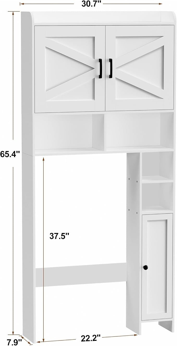 Homhedy Wooden Over The Toilet Storage Cabinet with Barn Door | Freestanding Bathroom Storage, Toilet Paper Holder, Adjustable Shelf,Space-Saving, Farmhouse Style, White