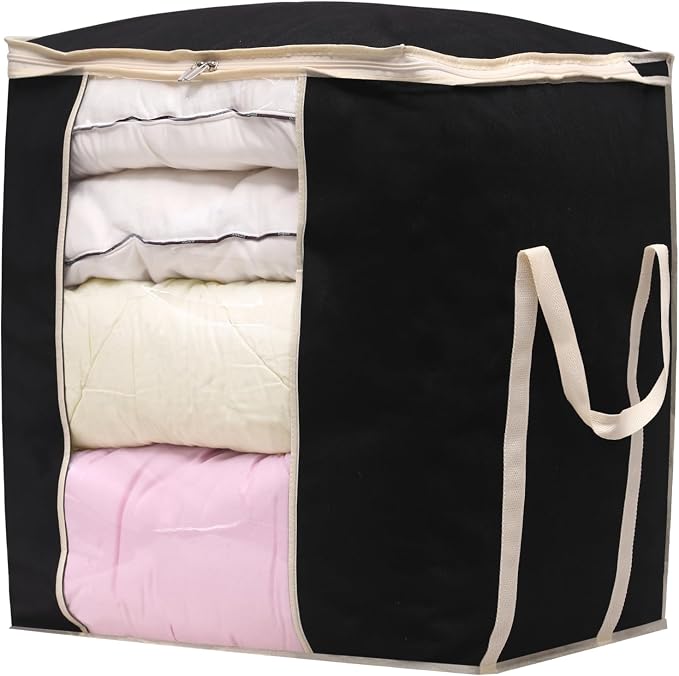 MISSLO King Comforters Storage Bag 120L for Blankets Clothes Sweaters Beddings Organizer with Reinfored Handles Non-Metal Fabric Storage Bin Organizer, Black