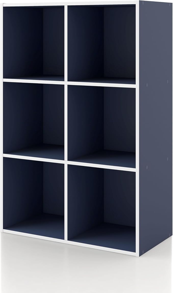 Homes: Inside + Out Apexa 6-Cube Storage Organizer Shelves, Stackable Wood Bookcase Fits Cubby Bins for Organization, Dorm Teen Room Decor & Home Office, Steel Blue