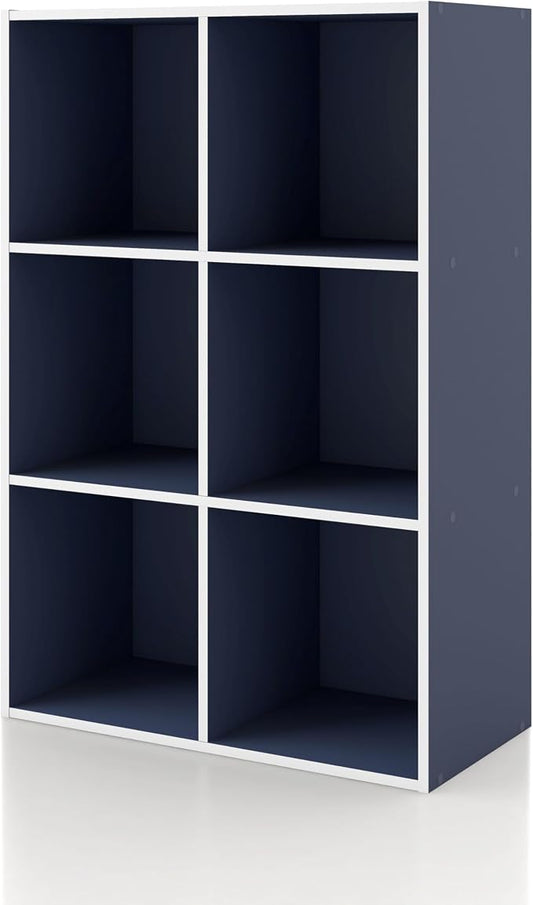 Homes: Inside + Out Apexa 6-Cube Storage Organizer Shelves, Stackable Wood Bookcase Fits Cubby Bins for Organization, Dorm Teen Room Decor & Home Office, Steel Blue