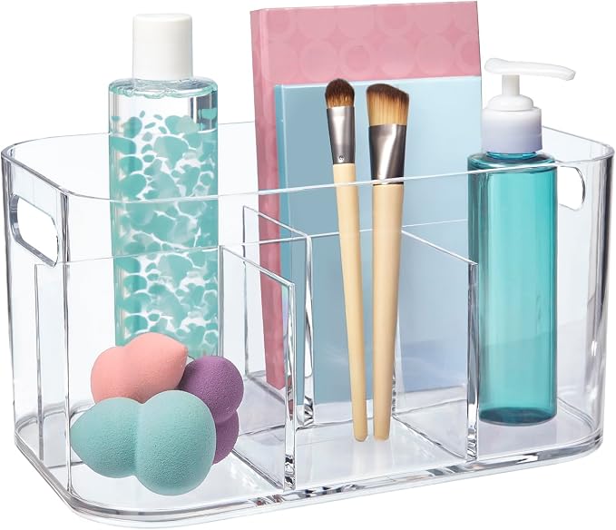 STORi Bliss 5-Compartment Plastic Cosmetics Storage Organizer | Clear | Rectangular Divided Makeup Bin & Vanity Caddy with Pass-Through Handles | Round Corner Design | Made in USA