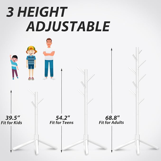 Unisakey 8-Hook Freestanding Wooden Coat Rack 3 Adjustable Heights White | Stable Triangular Base for Safety,Durable Construction,Simple Tool-Free Assembly,Ideal for Bedroom Hallway Office Entryway