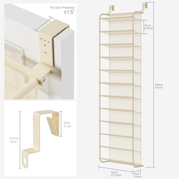 Whitmor 36 Pair Over The Door Shoe Organizer, 12 Tier Hanging Shoe Organizer, Heavy Duty Metal & Mesh Shoe Holder, Hanging Shoe Rack for Closet Organizer & Storage, 74"H x 21.7"W x 7.5"D, Beige