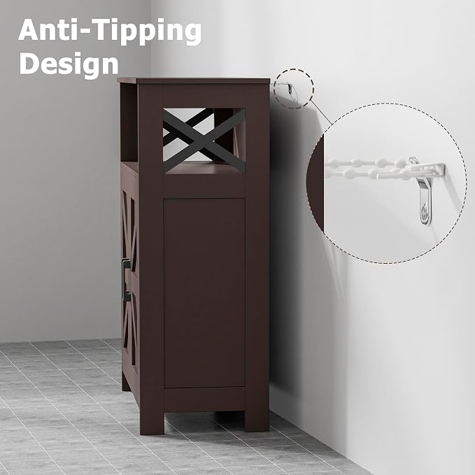Homhedy Farmhouse Bathroom Storage Cabinet with Doors, Small Floor Cabinet | Toilet Paper Cabinet with Adjustable Shelf, Freestanding Storage Cabinet for Kitchen/Laundry/Living Room, 24"W, Brown