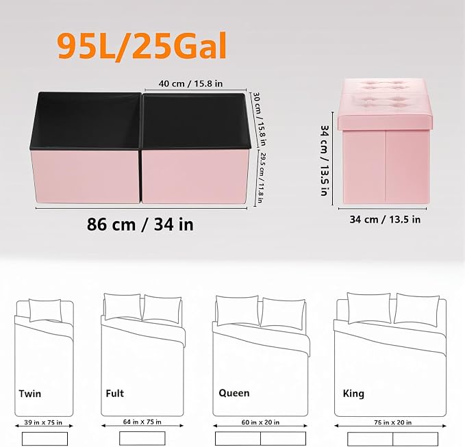 AmasSmile Footrest Ottoman Storage Bench, 34" Velvet Folding Stool, Pink | Large Ottoman with Storage, Thicker Foam Padded Seat, Livingroom, Dorm, Bedroom, Entryway, Easy to install, 34 x 13 x 13in