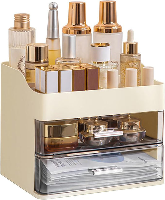 DASITON Makeup Organizer with 2 Drawers, Large Capacity Makeup Cosmetic Organizers for Vanity Dresser Bathroom Countertop, Vanity Organizer Makeup Storage Box for Skincare, Eyeshadow, Lotions (Cream)