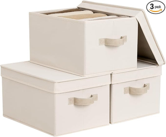 StorageWorks Fabric Storage Bins with Lids, Decorative Storage Bins with PU Handles, Foldable Storage Baskets for Closet, Shelves, Stackable and Sturdy Organization, Beige(Cotton Linen), Large, 3-Pack