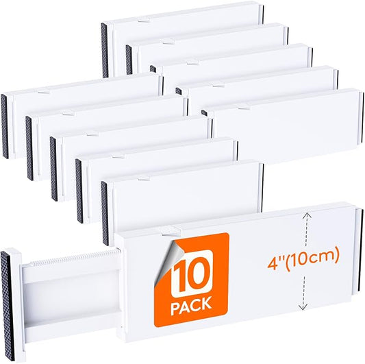 Lifewit 10 Pack Upgrade Drawer Dividers for Clothes, 4" High 11-17" Adjustable Dresser Drawer Organizers, Expandable White Plastic Drawer Separators for Kitchen, Nursery, Office Organization & Storage