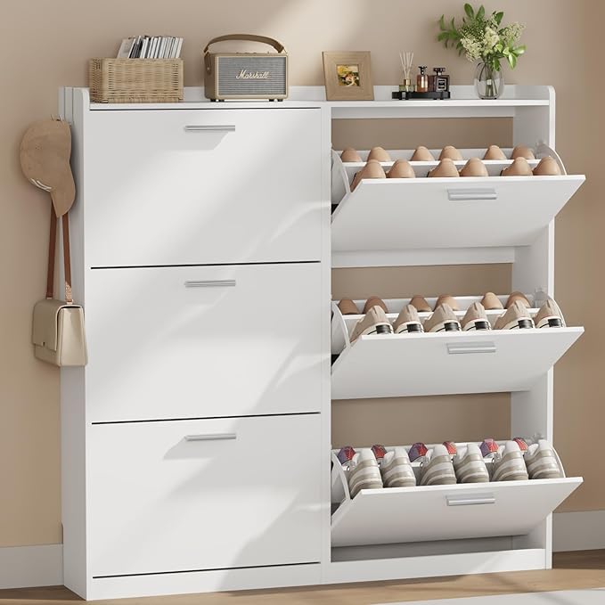 Modern Shoe Cabinet Organizer with 6 Flip Drawers, 47.2" W White | Freestanding shoe storage cabinet for entryway,foyer and hallway, space-saving flip drawers,Adjustable Shelves & 2 Hooks
