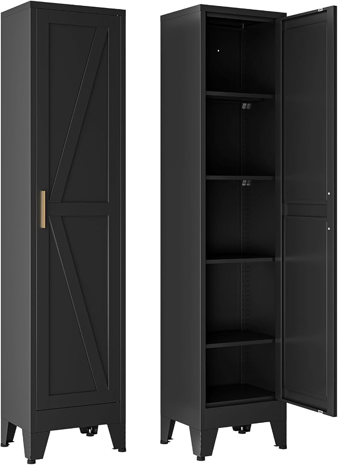 67" Tall Narrow Storage Cabinet with Reversible Doors and Adjustable Shelves,11.8" Deep By 15.7" Wide Metal Slim Cabinet for Bathroom Kitchen Garage Small Spaces,Black,1 Pc