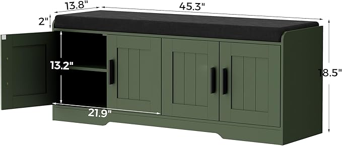 Homleke Shoe Storage Bench, 4 Doors & Thickened Padded Seat Cushion | 2-Tier Shoe Bench, Entryway Bench, Adjustable Shelf, 13.8" D x 45.3" W x 18.5" H, for Living Room, Bedroom, Green