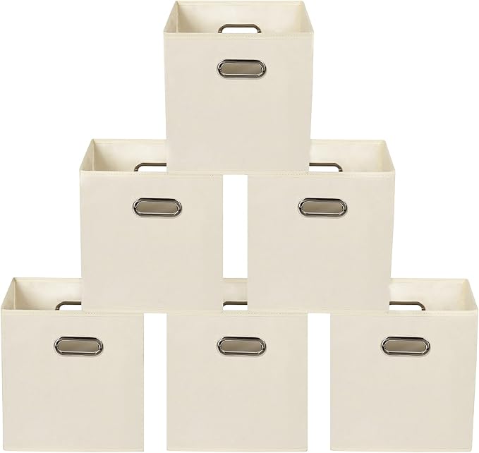 Yunkeeeper storage bins Cubes, Fabric Cube Organizer with Handle, Foldable Cube Bins for Cloth or Accessary Storage, 11x11x11, Set of 6, (Creamy White)