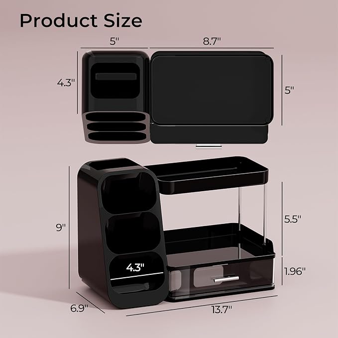 UFORU Makeup Organizer Countertop with Brush Holder for Vanity Bathroom | 3 Tiers Design, Large Capacity, Thickened Plastic, Detachable Brush Holder, Clear Drawer, Quick Access, Space-Saving