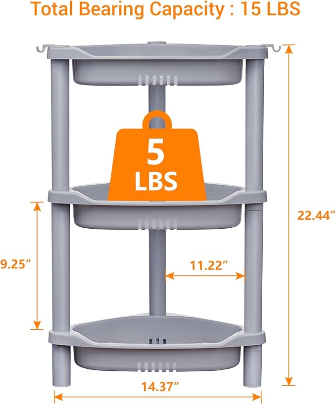 ELYKEN Corner Shower Caddy Standing, 3 Tier Plastic Shower Organizer, Grey | Rustproof Plastic Shower Shelves with Hook for Storing Bath Essentials in Bathroom corner, Bathtub