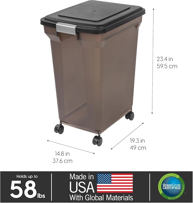 IRIS USA Dog Food Storage Container 58 Lb, Airtight Large Pet Food Storage Bin with Wheels, for Dog Cat Bird Chicken Food, Holds Up to 58 lbs, Keep Fresh, BPA Free, Made in USA, Black
