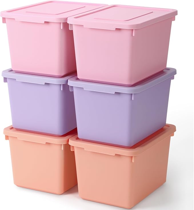Potchen 6 Pack Small Stackable Storage Bins with Lids Plastic Storage Boxes for Classroom 9.8" ×7.3" ×5.7" Decorative Organizer Bins for Craft Art Office Teacher Supplies (Pink,Purple,Orange)