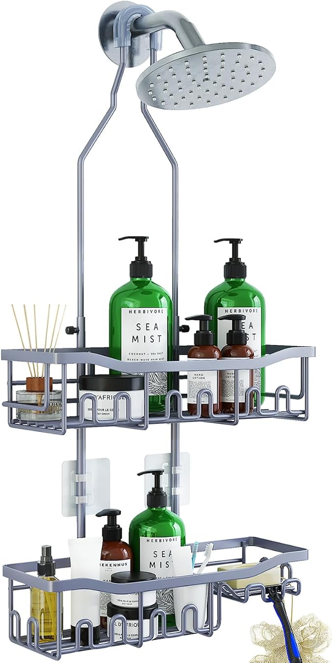 Upgraded Extended Length Shower Caddy Over Showerhead No Blocking to Showerhead, Rustproof Bathroom Organizers and Storage with Hooks Shampoo Soap Holder, Large Hanging Caddy, Grey