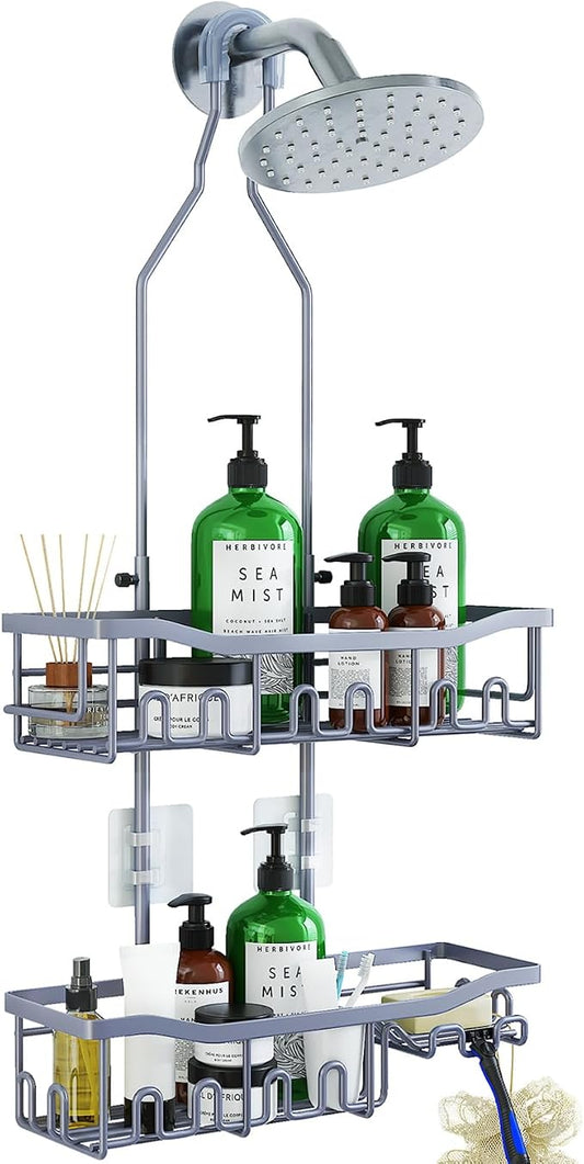 Upgraded Extended Length Shower Caddy Over Showerhead No Blocking to Showerhead, Rustproof Bathroom Organizers and Storage with Hooks Shampoo Soap Holder, Large Hanging Caddy, Grey