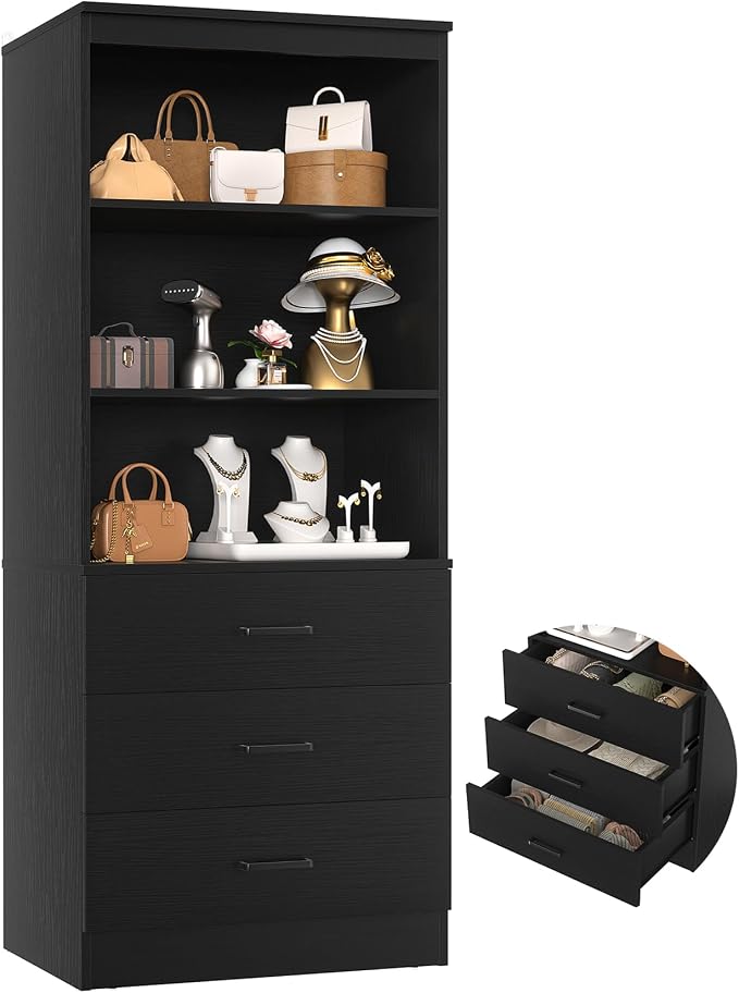 Aheaplus 23.6" Closet Drawers System, Wood Closet Organizer System with 3 Drawers, Modular Small Walk-in Closets Storage Unit, Black (23.6" L x 13.8" W x 71" H)