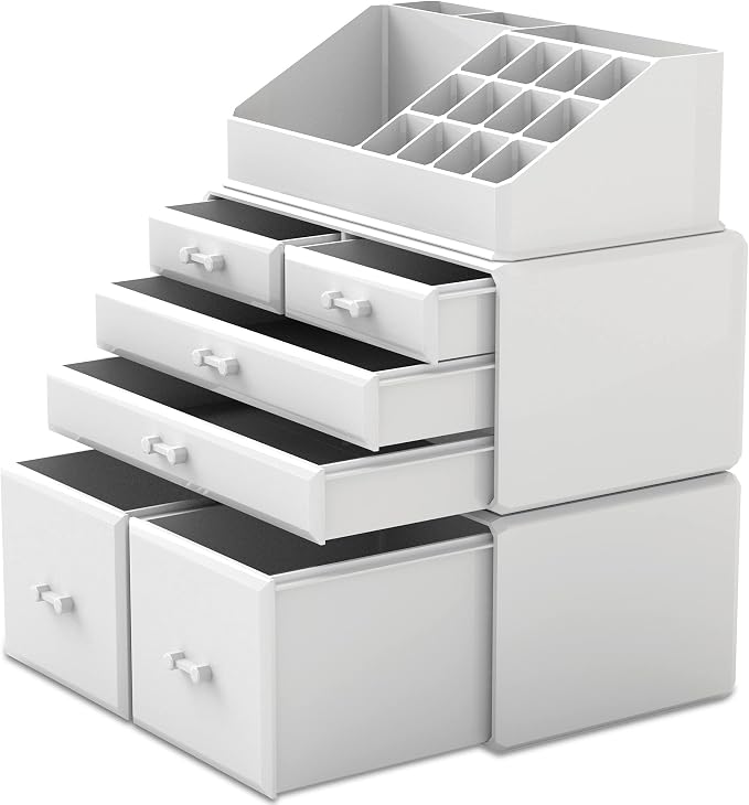 READAEER Makeup Organizer 3 Pieces Cosmetic Storage Case with 6 Drawers (White)
