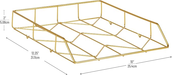 Mind Reader Gold Geometric Paper Tray, Modern Organizer for Documents, Folders, and Office Supplies, Durable and Stylish, Metal, Gold