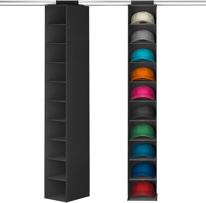 Lifewit 10 Section Hanging Hat Organizer for Baseball Caps, Black, 1 Pack | Hat Rack Hanging Storage, Non-Woven Fabric Display Shelf Holds Up to 40 Hats, Cap Holder Hanger for Closet, Bedroom