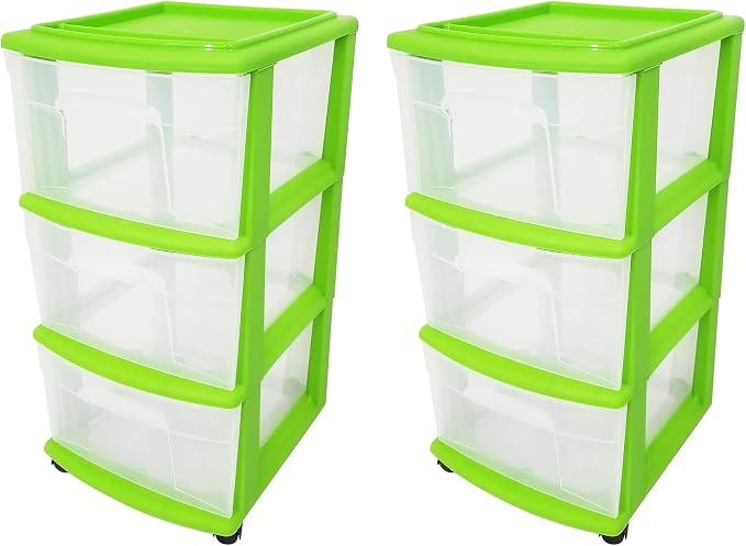 HOMZ 2-Pack Drawer Tower, 3-Tier Clear Plastic Storage Organizer Cart, Bold Lime Frame - Organizing Containers with Wheels for Home, Bathroom, Bedroom, Office, and Classroom